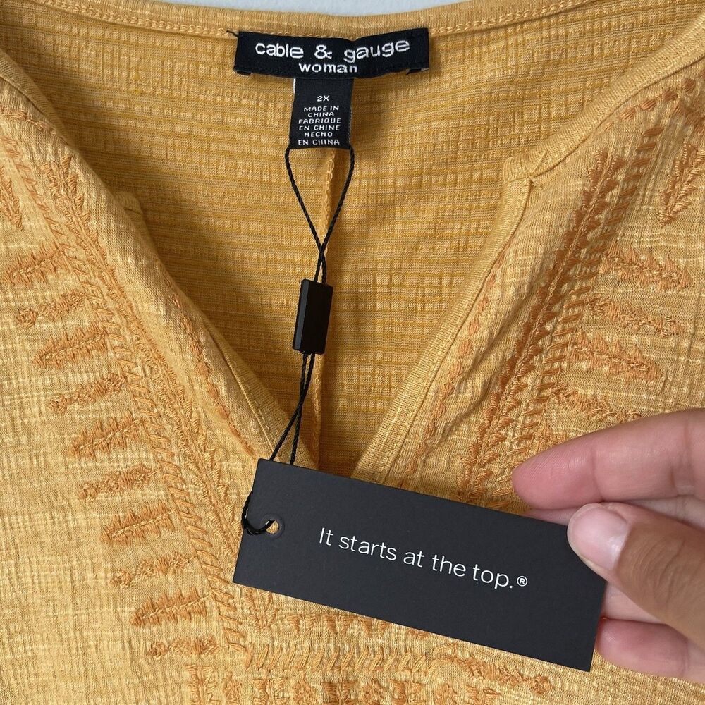 Cable & Gauge Woman Flowy Blouse Top Boho Embroidered Cap Sleeve Yellow Size 3X - Picture 9 of 13